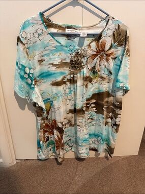 Alfred Dunner Turquoise and Brown Floral Short-Sleeve Top